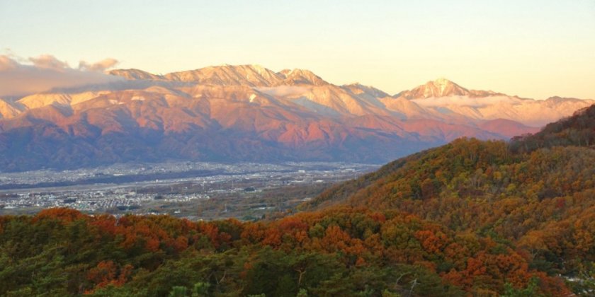 白山からの南アルプス。朝日を浴びた南アルプスと、白山の紅葉のコントラストは最高です。